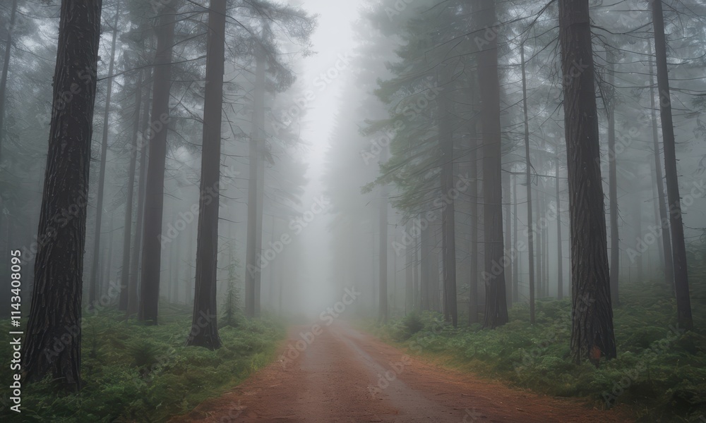 Obraz premium Enigmatic Forest Path: A winding path through a mystical forest, shrouded in a thick, ethereal fog, invites exploration and wonder. 