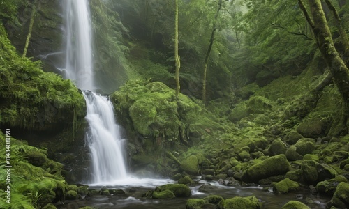 Serene Waterfall in Lush Forest: A breathtaking view of a cascading waterfall nestled within a vibrant, moss-covered forest.  The tranquil scene evokes a sense of peace and natural beauty. 