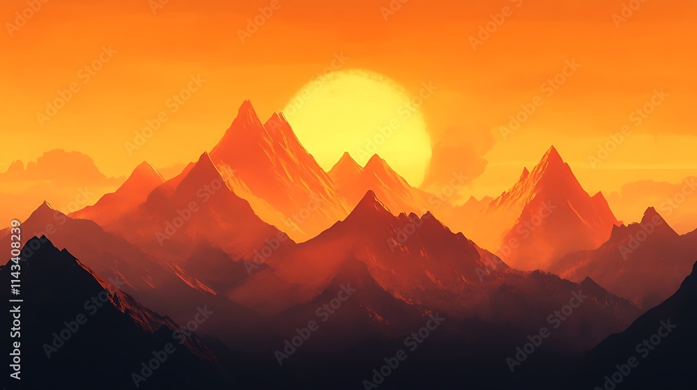 A tranquil mountain scene with the sun setting behind the peaks, creating a golden hour effect that gently bathes the landscape in a warm, amber light A tranquil mountain scene with the sun setting behind the peaks, creating a golden hour effect that gently bathes the landscape in a warm, amber light