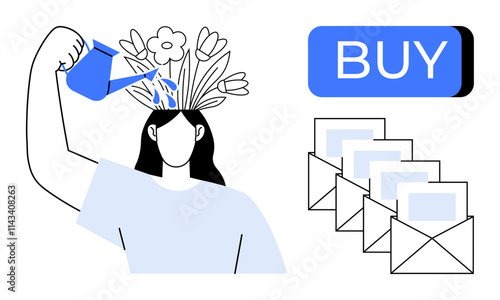 Woman waters flowers growing from her head, symbolizing idea growth, alongside email envelopes and buy button. Ideal for marketing, creativity, email campaigns, online shopping, innovation