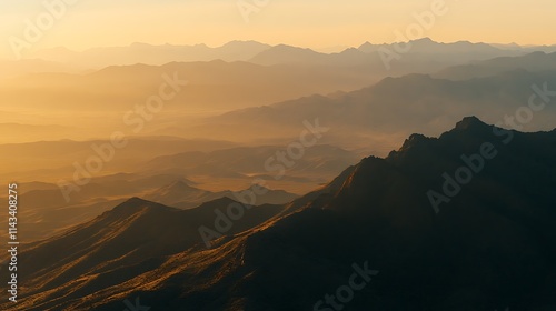 A breathtaking view of mountain ranges bathed in the warm, golden light of sunset, with the peaks casting long shadows over the valley below 