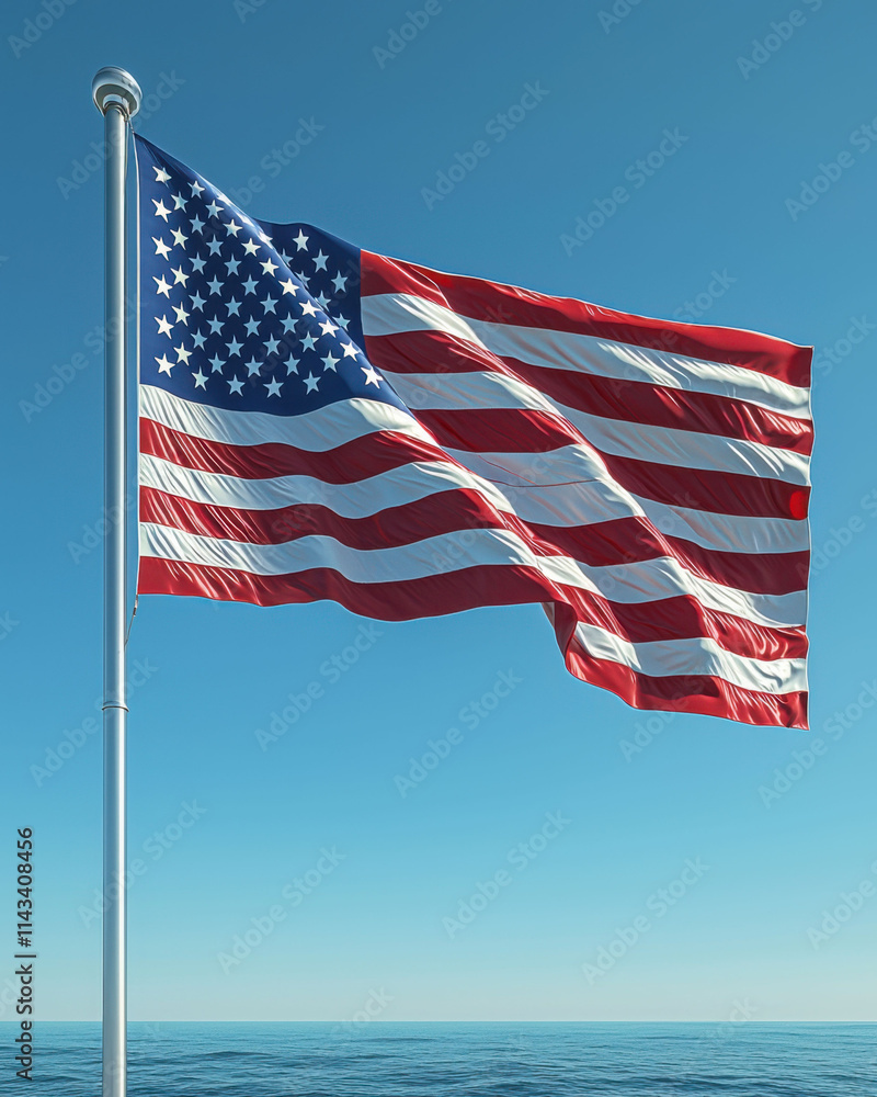 Obraz premium Waving American flag on tall silver flagpole against blue sky