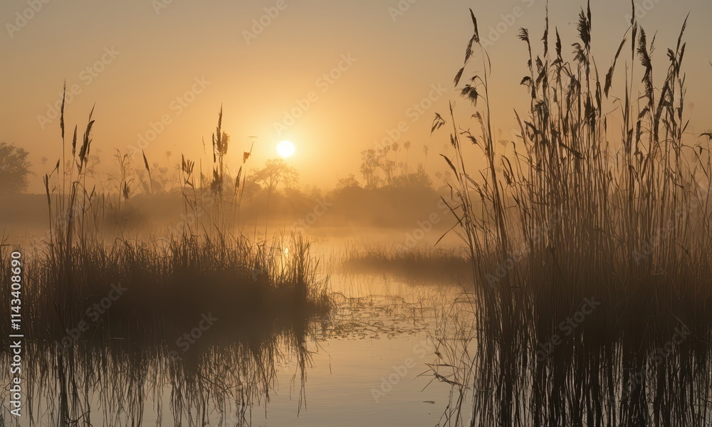 Sunrise Over Mist-Shrouded Marsh: Golden rays break through the mist, illuminating a tranquil marsh scene. The soft light paints the reeds and water with a warm, ethereal glow. Sunrise Over Mist-Shrouded Marsh: Golden rays break through the mist, illuminating a tranquil marsh scene. The soft light paints the reeds and water with a warm, ethereal glow.