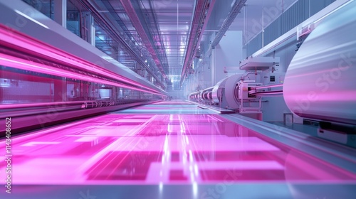 A futuristic production line for creating textless billboards, where panels are being printed, cut, and prepared for display in a clean and vibrant industrial setting. photo