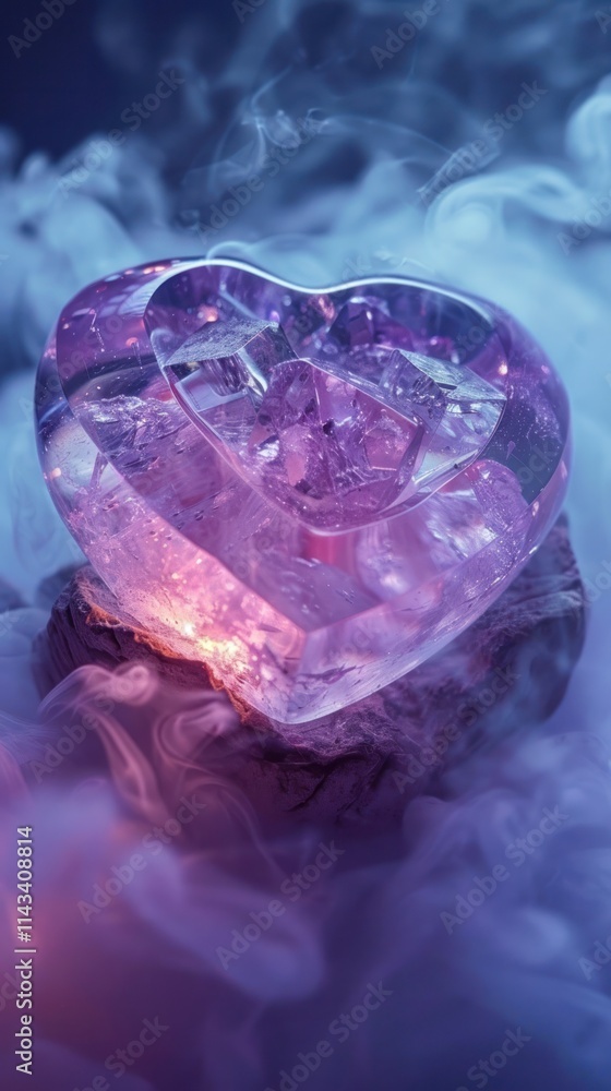 Glowing Amethyst Heart Mystical Gem of Love and Spirituality Captivating close up of a translucent amethyst crystal in the shape of a heart emanating a soft Glowing Amethyst Heart Mystical Gem of Love and Spirituality Captivating close up of a translucent amethyst crystal in the shape of a heart emanating a soft
