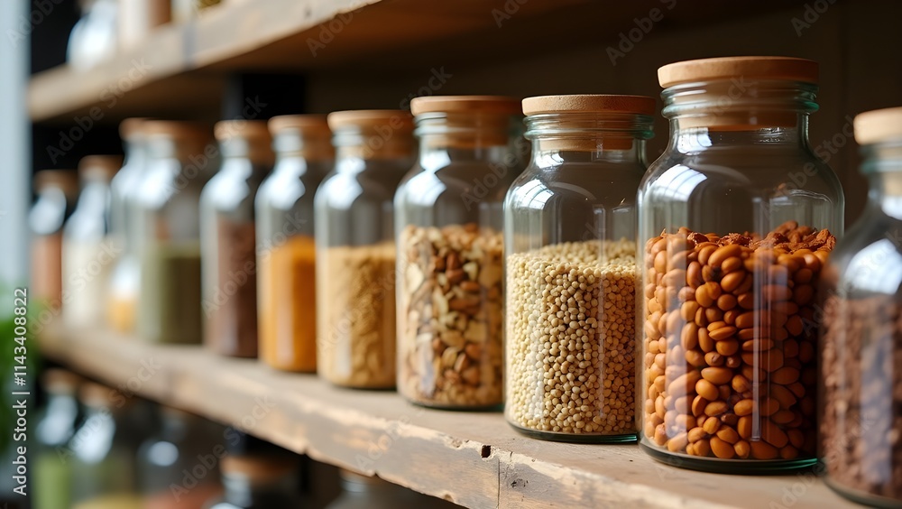 Close-up of glass jars filled with grains and spices in a zero-waste grocery store Close-up of glass jars filled with grains and spices in a zero-waste grocery store