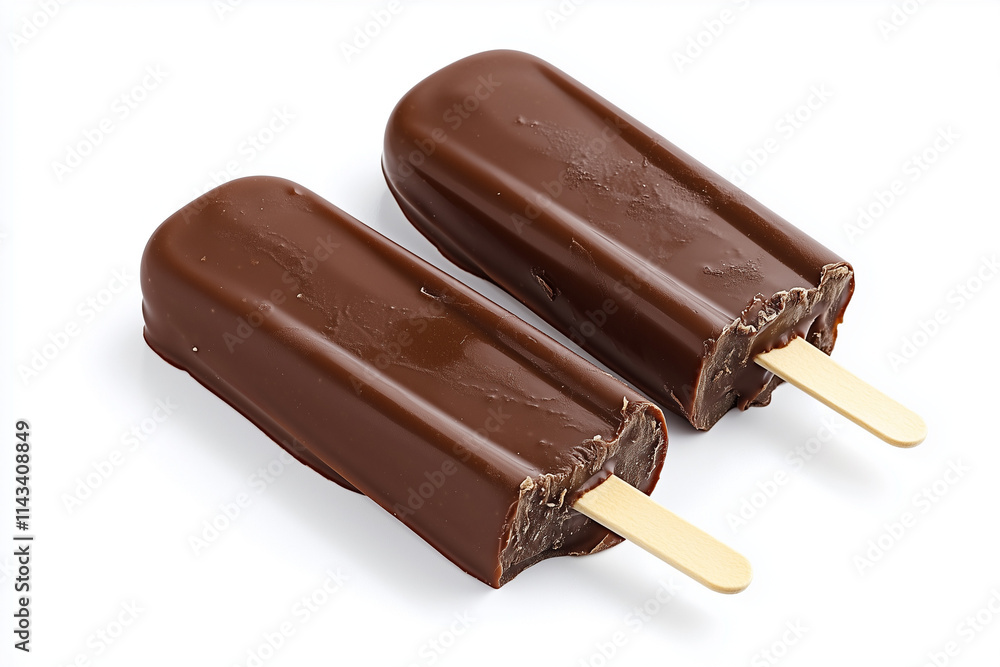 Obraz premium Selective focus intense chocolate popsicle isolated on white background, Close up shot chocolate popsicle stick on white.