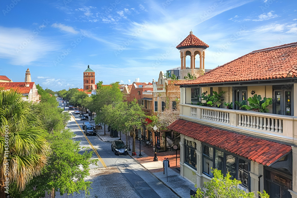 Obraz premium A picturesque street scene featuring buildings, palm trees, and a clear blue sky.
