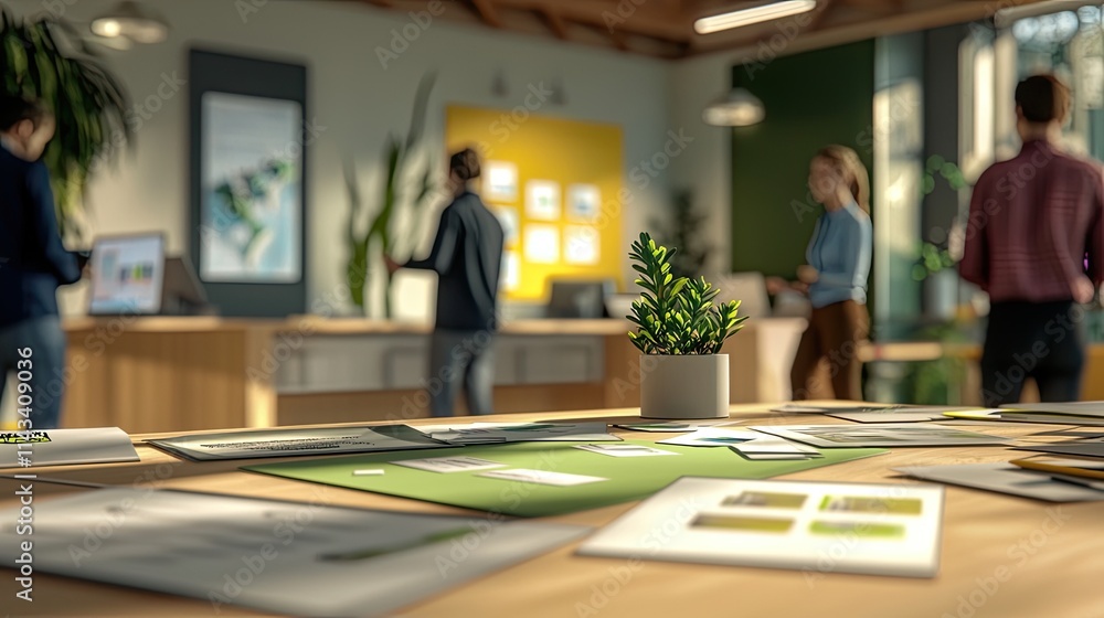 Obraz premium A detailed planning session with marketing materials spread across a stylish table, surrounded by enthusiastic individuals with a well-decorated office background.