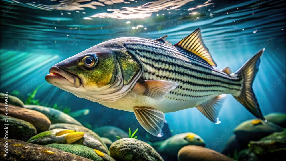 Underwater Striped Bass Close-up: Documentary Photography of Fish, Aquatic Life, Marine Wildlife Underwater Striped Bass Close-up: Documentary Photography of Fish, Aquatic Life, Marine Wildlife