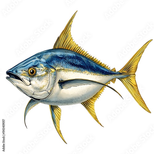 Vibrant illustration of a Yellowfin Tuna, showcasing its striking blue and gold coloration against a white background. photo