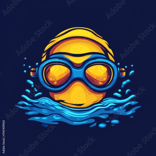 A stylized illustration of a swimmer's face with goggles, emerging from water. photo