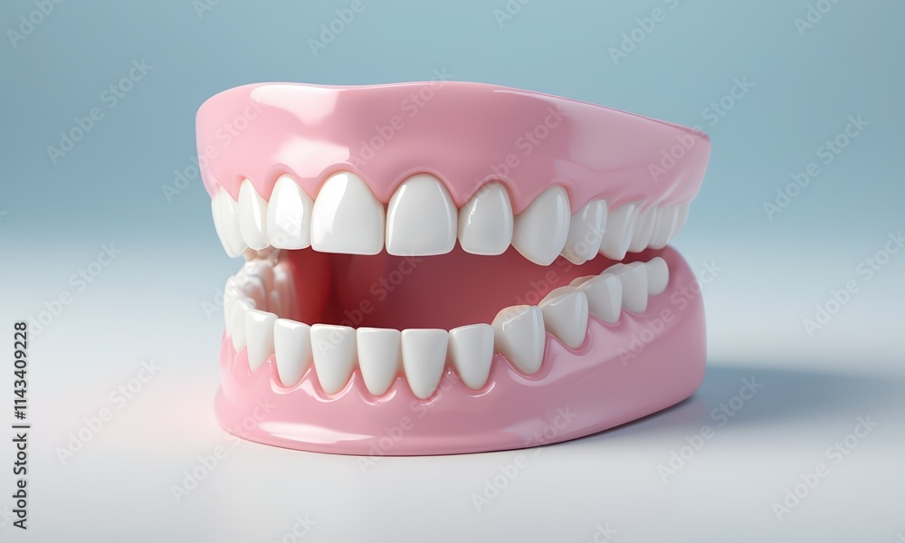 Perfect Smile, Dental Model: A close-up shot of a pristine dental model showcasing healthy, bright white teeth set against a soft blue background. Ideal for dental practices, health publications. Perfect Smile, Dental Model: A close-up shot of a pristine dental model showcasing healthy, bright white teeth set against a soft blue background. Ideal for dental practices, health publications.