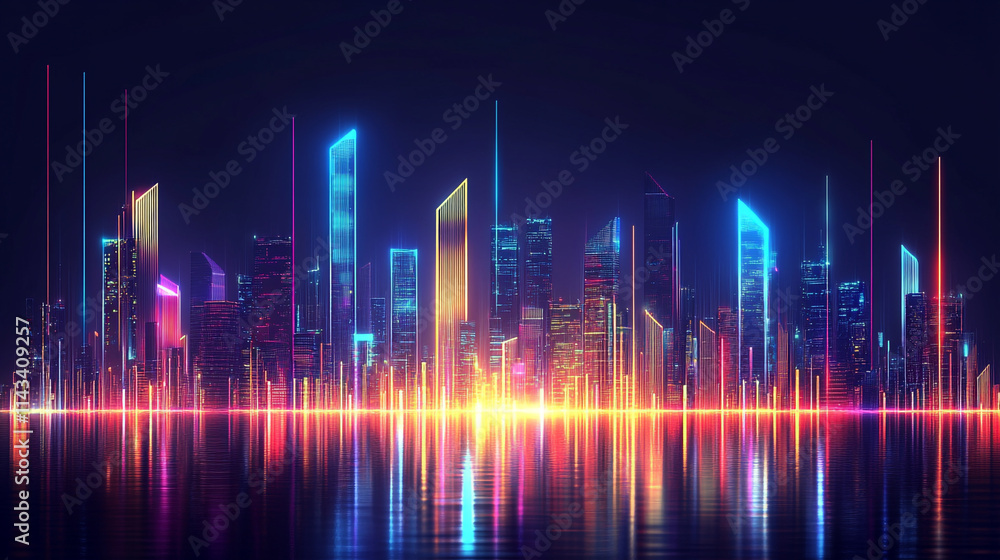 Vibrant Futuristic City Skyline at Night with shiny and glowing neon lights, abstract ultra modern light effect of cityscape featuring sleek modern architecture illuminated by vibrant neon lights. Vibrant Futuristic City Skyline at Night with shiny and glowing neon lights, abstract ultra modern light effect of cityscape featuring sleek modern architecture illuminated by vibrant neon lights.