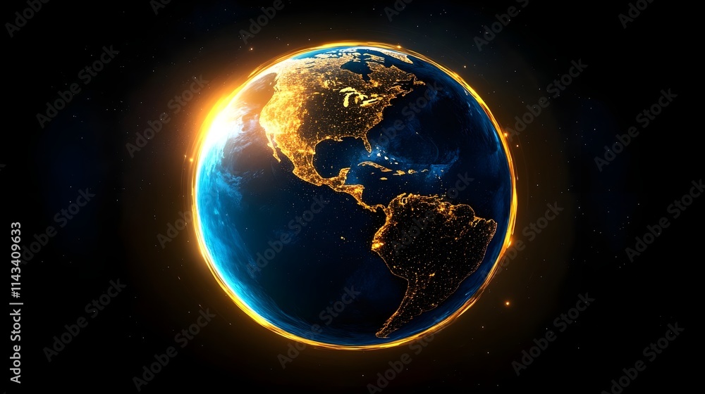 glowing earth at night, americas view - futuristic glowing earth at night, americas view - futuristic