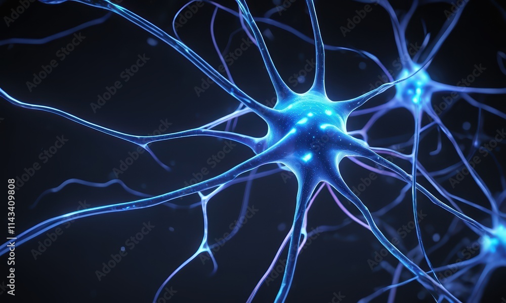 Neural Network: Microscopic view of a glowing blue neuron, intricate network of dendrites and axons, complex biological structure, deep blue background. Neural Network: Microscopic view of a glowing blue neuron, intricate network of dendrites and axons, complex biological structure, deep blue background.