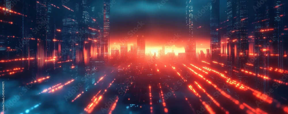 Fototapeta premium Futuristic Cityscape Night Digital Background for AI Data Transmission and Cybersecurity with Neon Lights and Flowing Lines