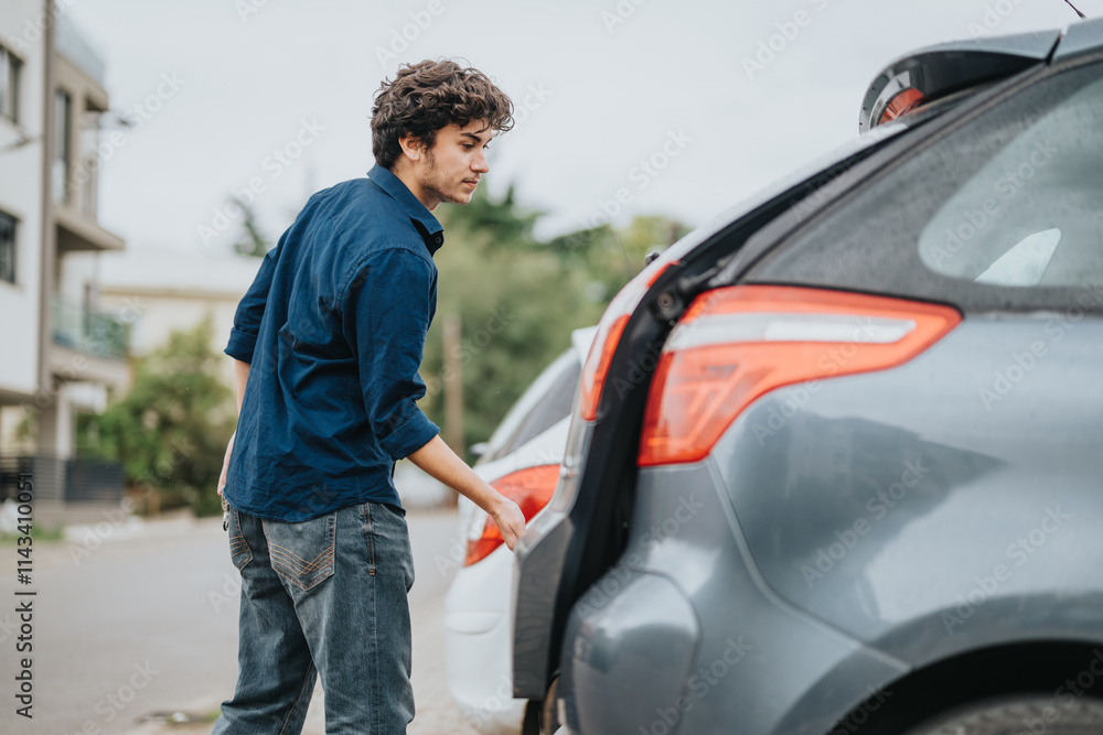 A man in casual outfit loads the trunk of a car parked on a residential street. The setting is calm, suggesting a regular day or routine task. A man in casual outfit loads the trunk of a car parked on a residential street. The setting is calm, suggesting a regular day or routine task.