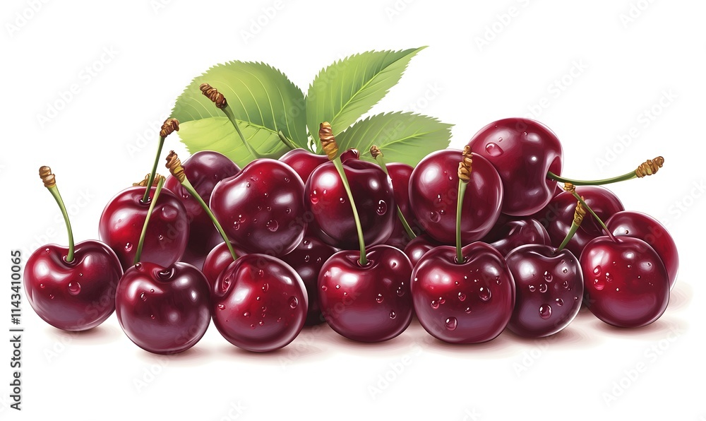 Pile of fresh cherries with water droplets and leaves on white background.
