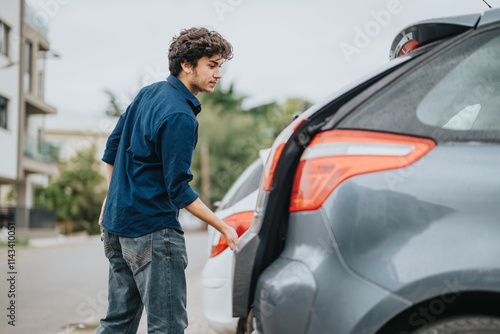 A man in casual outfit loads the trunk of a car parked on a residential street. The setting is calm, suggesting a regular day or routine task.