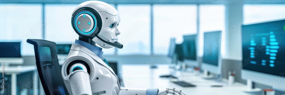 A humanoid robot with headphones sits at a computer desk, engaged in tasks within a modern office environment, showcasing advanced technology and AI capabilities. A humanoid robot with headphones sits at a computer desk, engaged in tasks within a modern office environment, showcasing advanced technology and AI capabilities.
