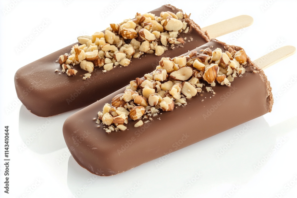 Selective focus intense chocolate popsicle isolated on white background, Close up shot chocolate popsicle with mixed nuts on white. Selective focus intense chocolate popsicle isolated on white background, Close up shot chocolate popsicle with mixed nuts on white.