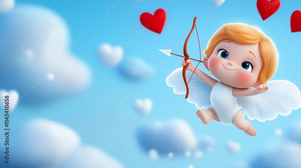 A whimsical cupid with a bow and arrow flying through clouds. A whimsical cupid with a bow and arrow flying through clouds.