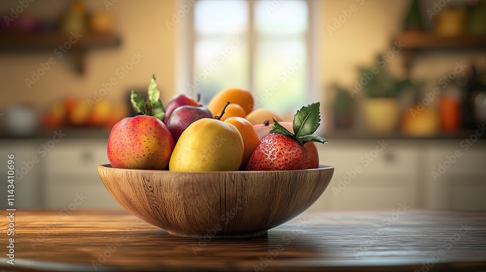 An artistically set wooden bowl filled with fresh, colorful fruits, placed on a cozy kitchen table with a blurred background of warm-colored walls.