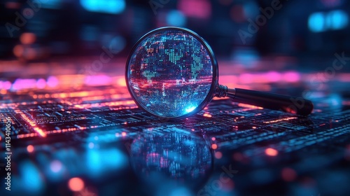 IT Security Risk Assessment Magnifying Glass Document Analysis in Cyberpunk Atmosphere with Neon Lighting