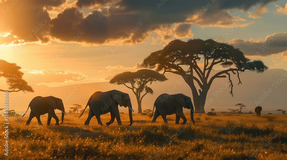 Fototapeta premium Majestic Elephants at Sunset in African Landscape