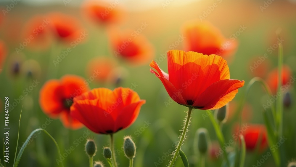 Naklejka premium The image is a close-up of a field of red poppies. The flowers are in full bloom, with their petals open wide and their vibrant orange color standing out against the green foliage.