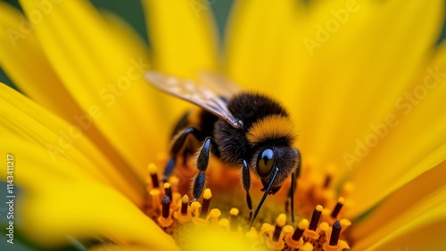 The image is a close-up of a bee on a yellow flower. The bee is in focus, while the background is blurred, making the bee the focal point of the image. photo