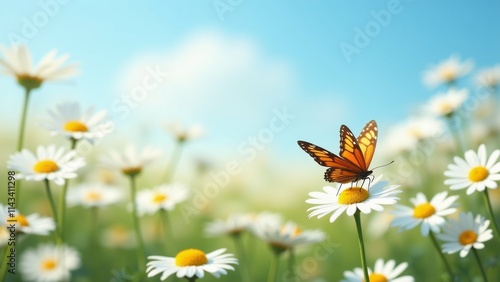 The image is a close-up of a field of white daisies with yellow centers. In the center of the image, there is a butterfly with orange and black wings resting on one of the daisy flowers.