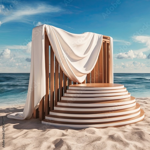 Seaside podium backdrop with clear skies, sandy beach, and refreshing ocean breeze photo