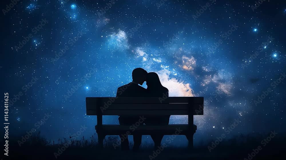 A romantic couple silhouetted against a starry night sky. A romantic couple silhouetted against a starry night sky.
