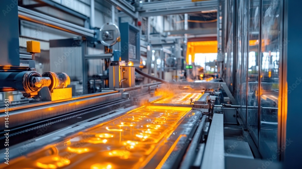 A high-tech glass production line, showcasing machines melting and molding glass into various shapes, with bright industrial lighting and high efficiency. A high-tech glass production line, showcasing machines melting and molding glass into various shapes, with bright industrial lighting and high efficiency.