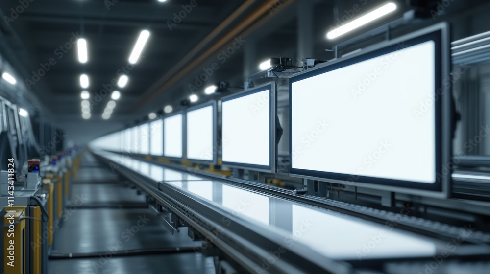 A high-tech production line in a factory, assembling digital billboard panels with no text, showcasing the intricate process of manufacturing large outdoor advertising displays. A high-tech production line in a factory, assembling digital billboard panels with no text, showcasing the intricate process of manufacturing large outdoor advertising displays.