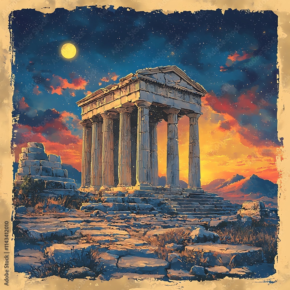 Fototapeta premium Ancient Greek Temple at Sunset A Digital Painting of Classical Architecture Under a Starry Sky.