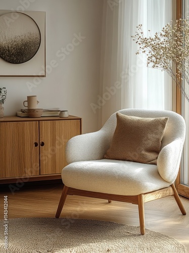 Cozy Living Room Scene Modern Scandinavian Design Soft Natural Lighting Wooden Furniture