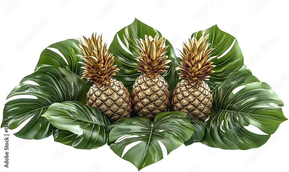 Fototapeta premium Three golden pineapples on monstera leaves, isolated.
