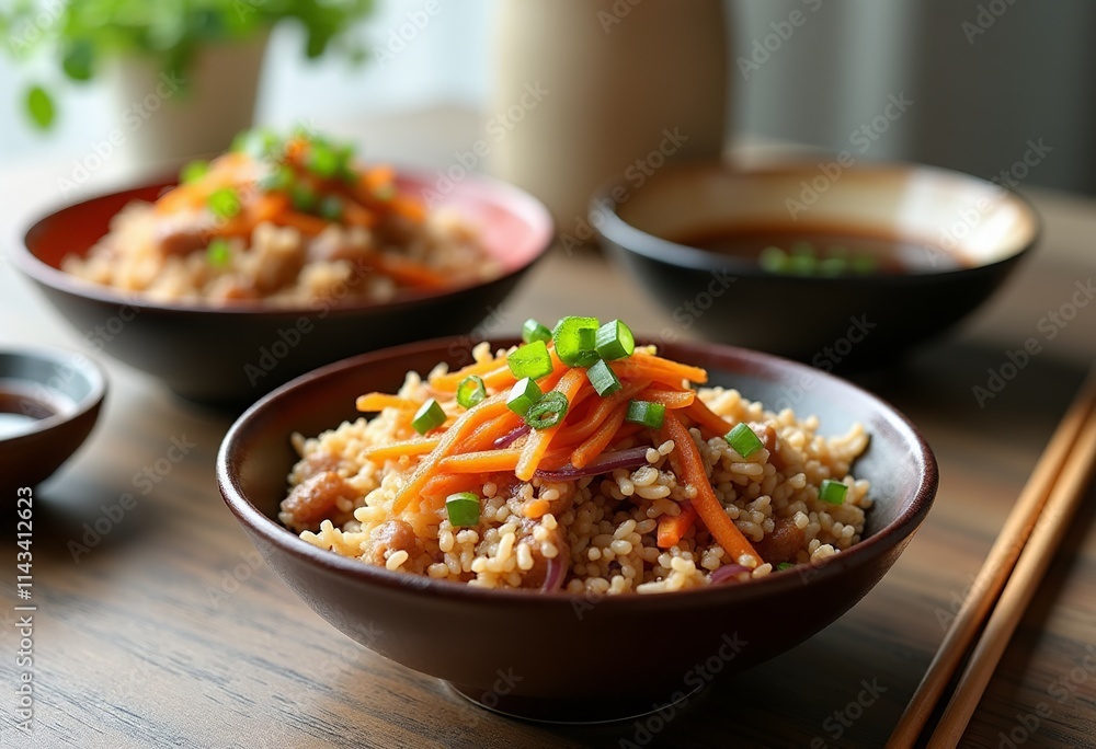 Modern Yakimeshi Delight: Vertical Image Showcasing Sautéed Integral Rice with Meat, Brunoise Vegetables, and Asian Tableware in a Cozy Aesthetic for Food Lovers Modern Yakimeshi Delight: Vertical Image Showcasing Sautéed Integral Rice with Meat, Brunoise Vegetables, and Asian Tableware in a Cozy Aesthetic for Food Lovers