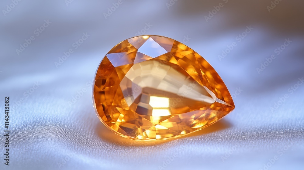 A sparkling orange gem shaped like a teardrop, reflecting light on a soft, textured surface, showcasing its brilliance and clarity. A sparkling orange gem shaped like a teardrop, reflecting light on a soft, textured surface, showcasing its brilliance and clarity.