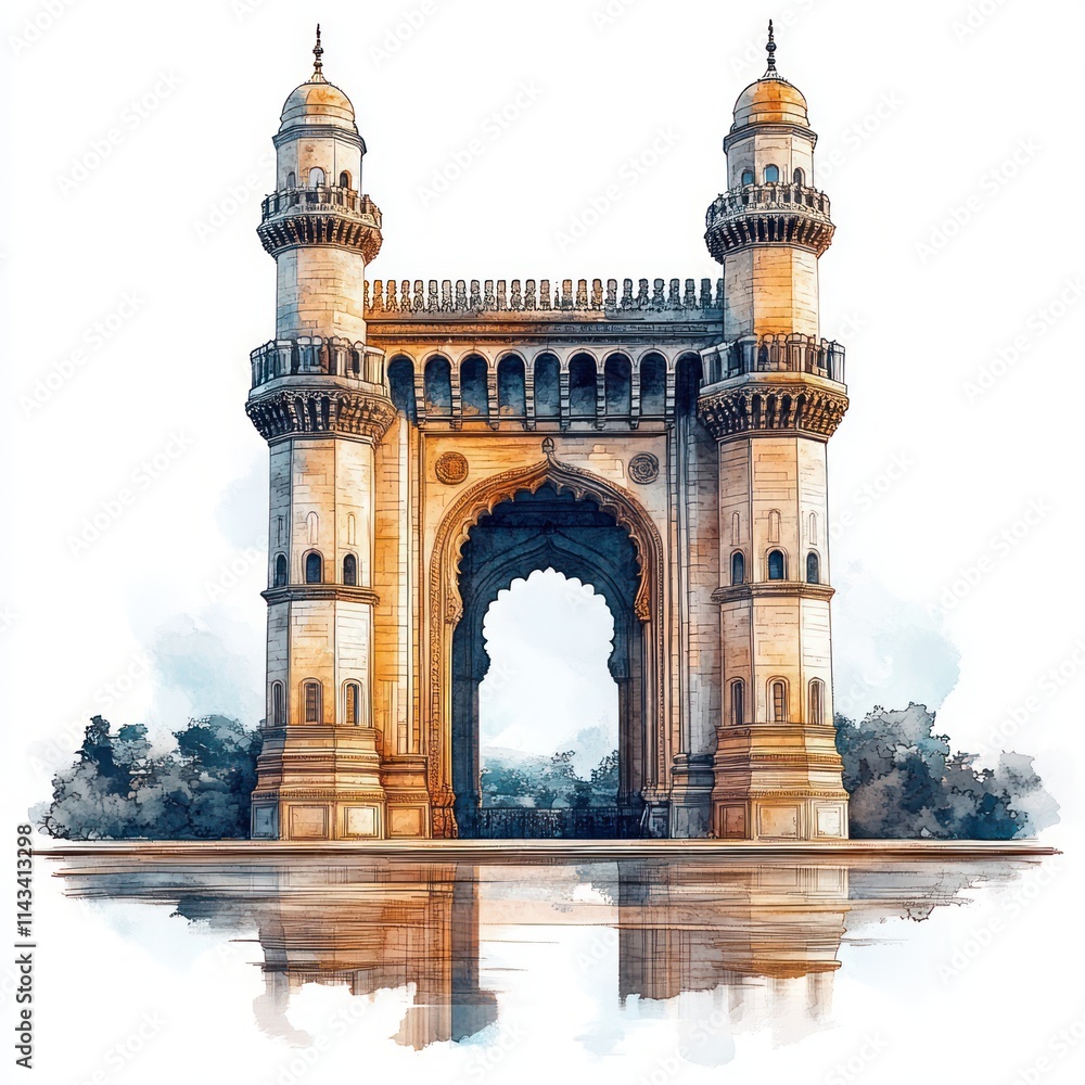 Fototapeta premium Watercolor Illustration of Historical Charminar Landmark in Hyderabad, India