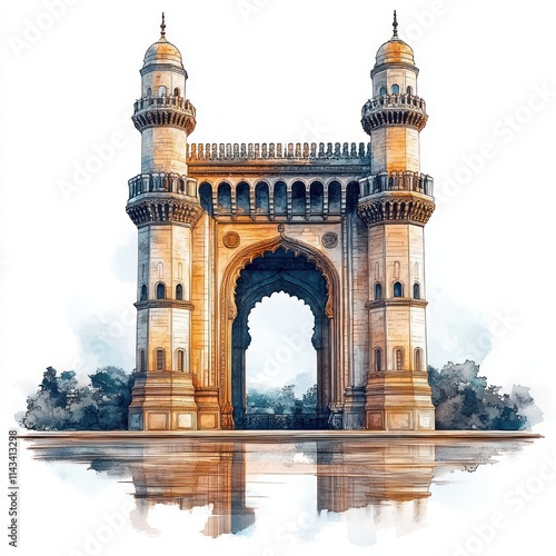Watercolor Illustration of Historical Charminar Landmark in Hyderabad, India
