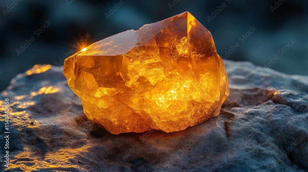 A vibrant amber crystal glimmers in natural light, resting on a textured stone surface, showcasing its unique facets and warm hues. A vibrant amber crystal glimmers in natural light, resting on a textured stone surface, showcasing its unique facets and warm hues.