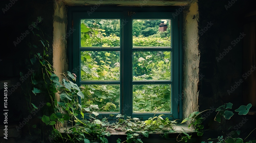 Overgrown Window: A Serene Landscape View Overgrown Window: A Serene Landscape View