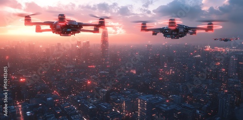 Drones flying over a futuristic cityscape at sunset, showcasing technology and urban life.