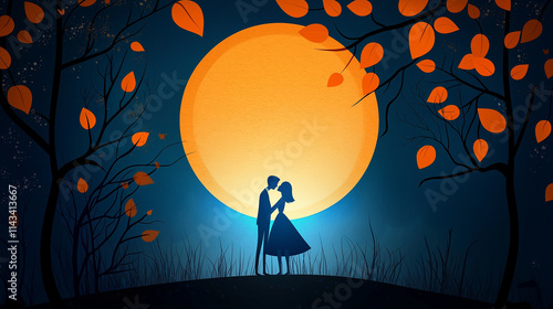 A silhouette of a couple kissing under a glowing full moon.