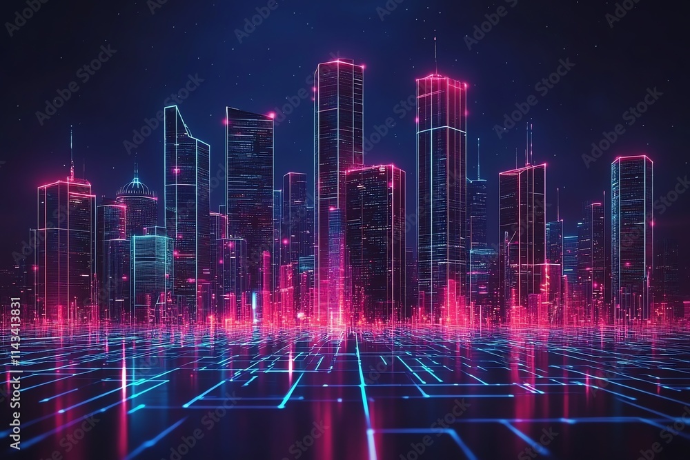 Fototapeta premium Futuristic city skyline with glowing neon lights and digital patterns.