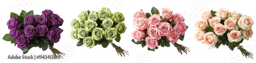 four bouquets of roses in various colors. pink. green. purple. and peach